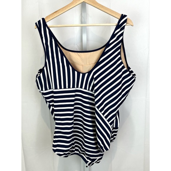 LANDS' END Tugless Tank One Piece Swimsuit Bright Sapphire Stripe Blue 24W Plus - Picture 2 of 6